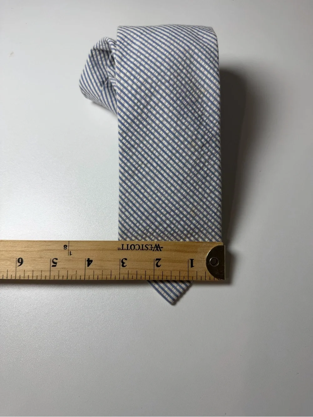 J. Crew 100% Cotton Seersucker Blue and White Diagonal Stripe Slim Modern Tie